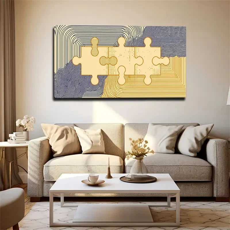 Blue & Golden Puzzle Pieces Wall Art Canvas Office Home Room Framed 80x45cm