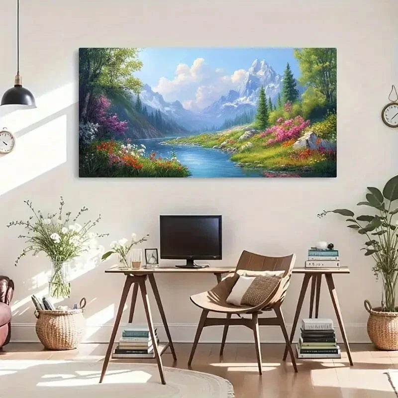 River & Mountain Landscape Wall Art Canvas Office Home Room Framed 120x60cm