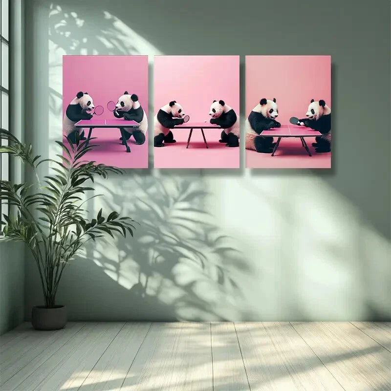 3pcs Adorable Panda Playing Table Tennis Wall Art Set Canvas Framed 40x60cm - High Quality Print 100% Australian Made Wall Canvas Ready to Hang