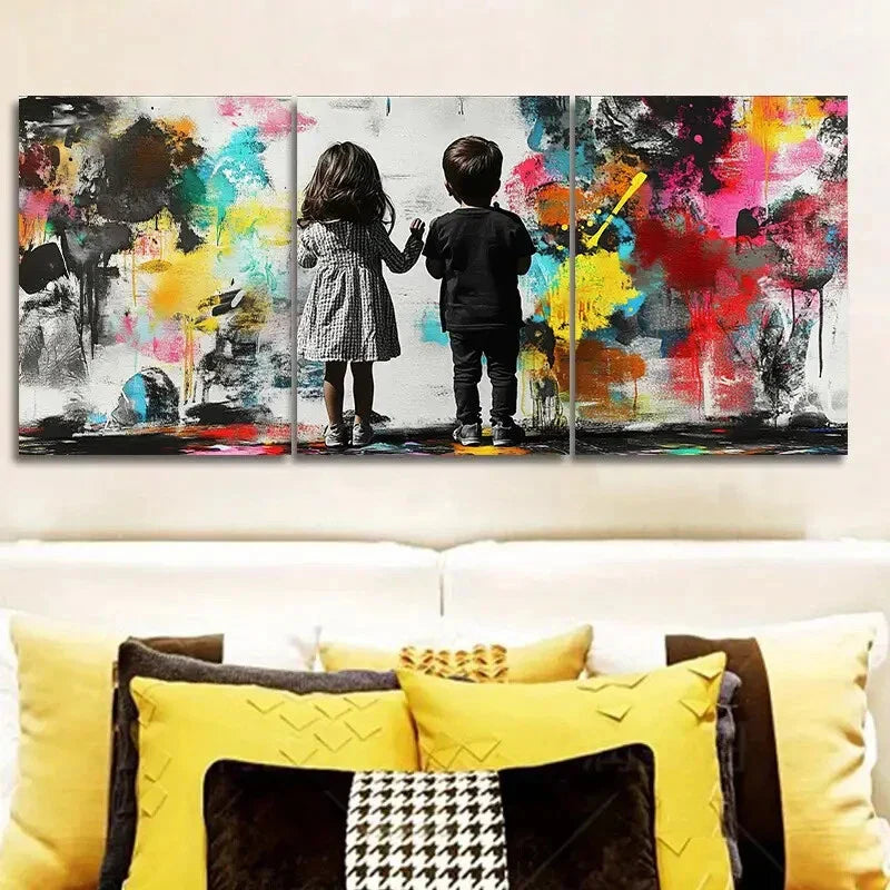 3pcs The two children drew back the curtains Metal Print Ready to Hang Art
