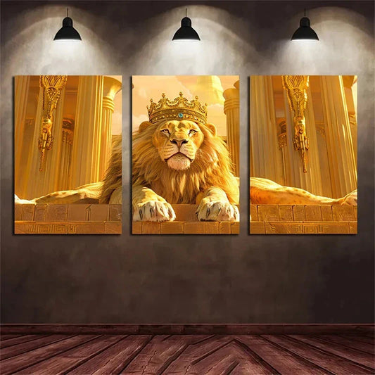 3pcs Stunning Golden Crown and Lion Metal Print Ready to Hang Art