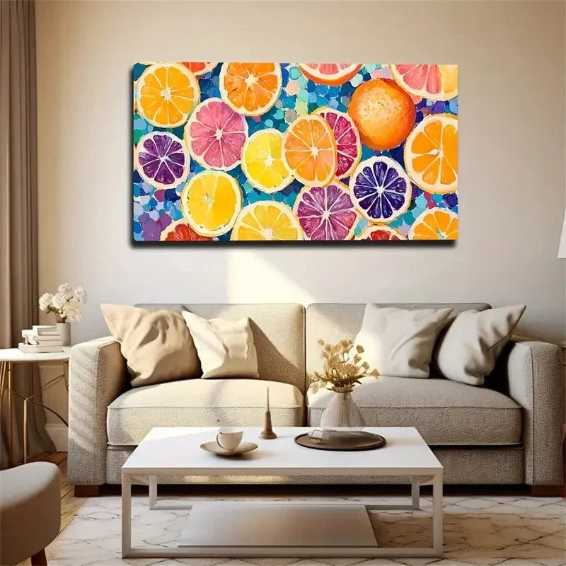 Impressionist Lemon Slices Wall Art Canvas Office Home Room Framed 80x45cm