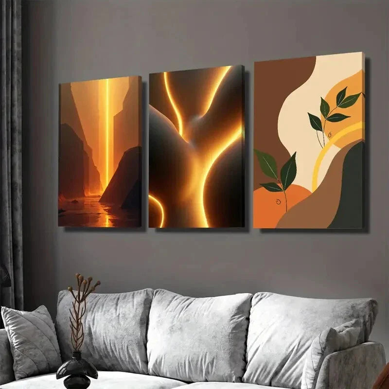 3pcs Modern Abstract Golden Landscape Vibrant Wall Art Set Canvas Framed 40x60cm - High Quality Print 100% Australian Made Wall Canvas Ready to Hang