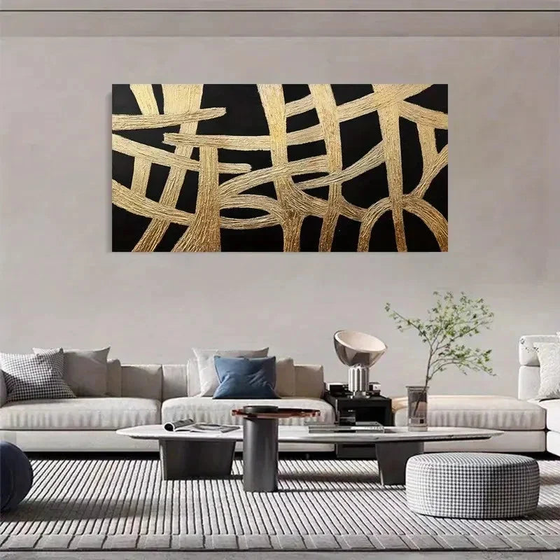 Abstract Black And Golden Lines Wall Art Canvas Office Home Room Framed 80x45cm