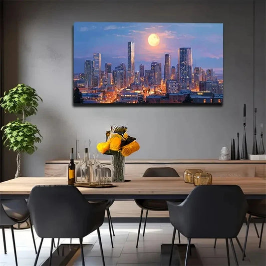 Realistic City Night Skyline Wall Art Canvas Office Home Room Framed 80x45cm