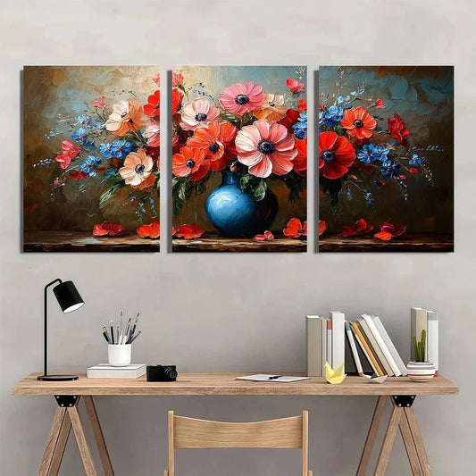 3pcs Blue & White Flowers Floral Bouquet Metal Print Ready to Hang Art