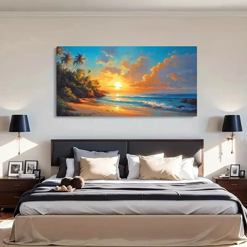 Palm Trees Blue Ocean Waves Wall Art Canvas Office Home Room Framed 120x60cm