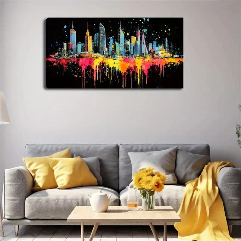 Vibrant Cityscape Splatter Wall Art Canvas Office Home Room Framed 120x60cm