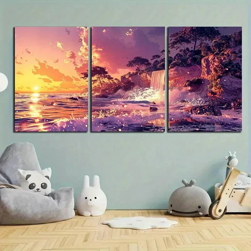 3pcs Sea Waterfall Sunset Clouds Modern Metal Print Ready to Hang Art