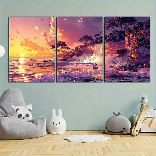 3pcs Sea Waterfall Sunset Clouds Modern Metal Print Ready to Hang Art