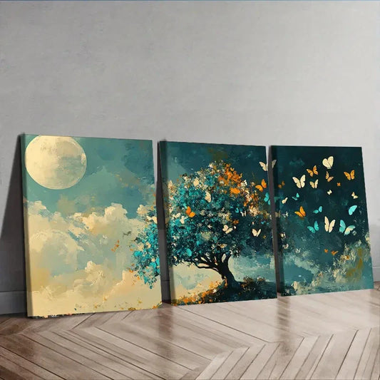 3pcs Butterfly Tree Design Durable Luxury Moon Wall Art Set Canvas Framed 40x60cm - High Quality Print 100% Australian Made Wall Canvas Ready to Hang