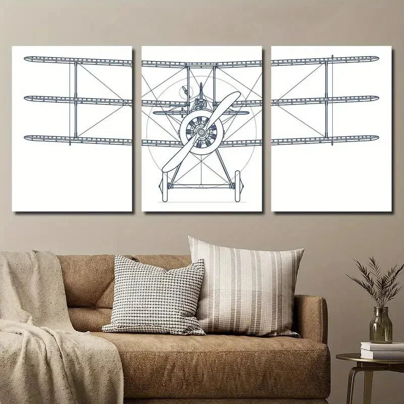 3pcs Simple Airplane Line Wall Art Set Canvas Framed 40x60cm - High Quality Print 100% Australian Made Wall Canvas Ready to Hang