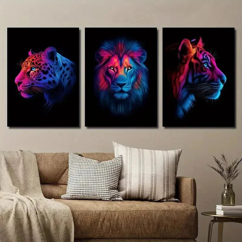 3pcs Neon Wild Animals Leopard Lion and Tiger Wall Art Set Canvas Framed 40x60cm - High Quality Print 100% Australian Made Wall Canvas Ready to Hang