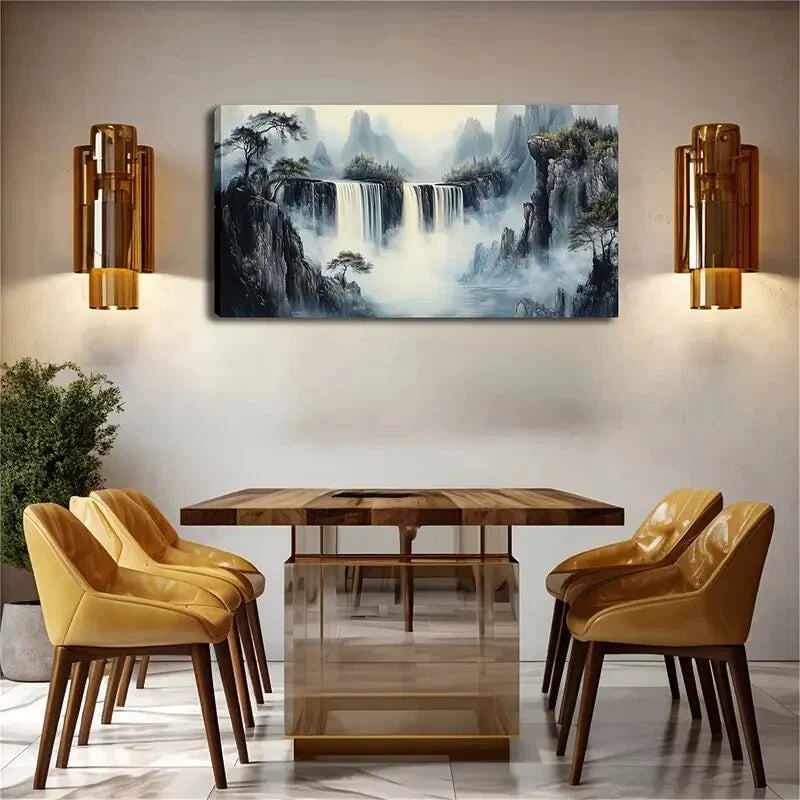 Mountain Waterfall Scene Wall Art Canvas Office Home Room Framed 120x60cm