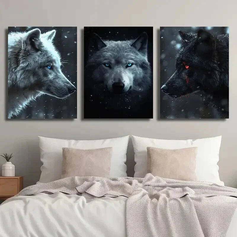 3pcs White And Black Glowing Eyes Wolves Wall Art Set Canvas Framed 40x60cm - High Quality Print 100% Australian Made Wall Canvas Ready to Hang