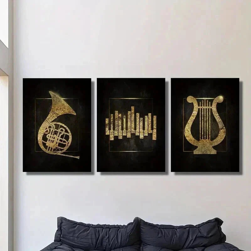 3pcs Golden Music Logos on Black Background Wall Art Set Canvas Framed 40x60cm - High Quality Print 100% Australian Made Wall Canvas Ready to Hang