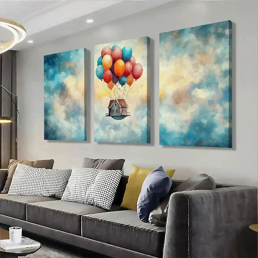 3pcs Floating House with Colorful Balloons Wall Art Set Canvas Framed 40x60cm - High Quality Print 100% Australian Made Wall Canvas Ready to Hang