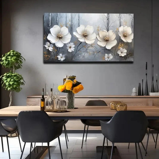White Flowers Golden Accents Wall Art canvas office home room framed 120x60cm