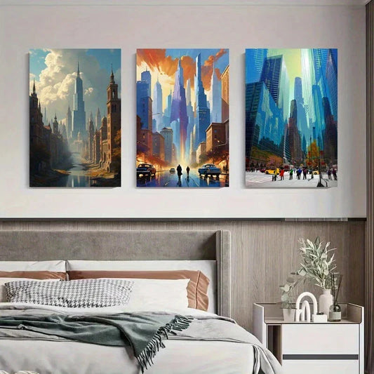 3pcs Abstract Urban Night Street Scenes Metal Print Ready to Hang Art