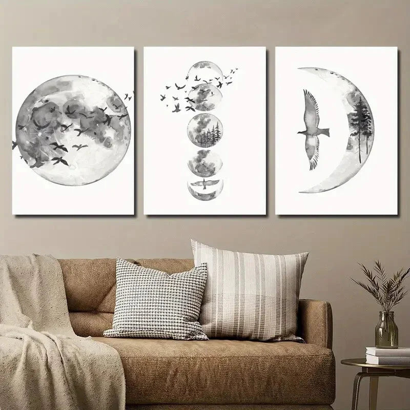 3pcs Black and White Moon Phase Wall Art Set Canvas Framed 40x60cm - High Quality Print 100% Australian Made Wall Canvas Ready to Hang