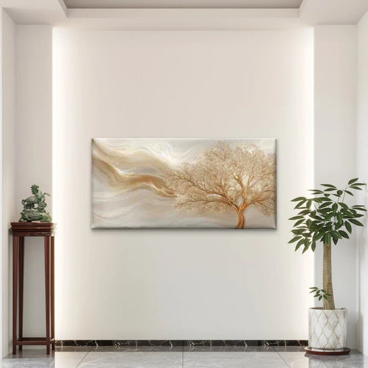 Golden Tree, Abstract Wave Wall Art Canvas Office Home Room Framed 80x45cm