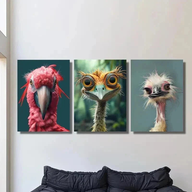 3pcs Adorable Fluffy Birds Parrots & Ostriches Wall Art Set Canvas Framed 40x60cm - High Quality Print 100% Australian Made Wall Canvas Ready to Hang