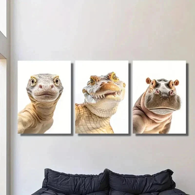 3pcs Giant Lizard Crocodile and Hippo Heads Wall Art Set Canvas Framed 40x60cm - High Quality Print 100% Australian Made Wall Canvas Ready to Hang