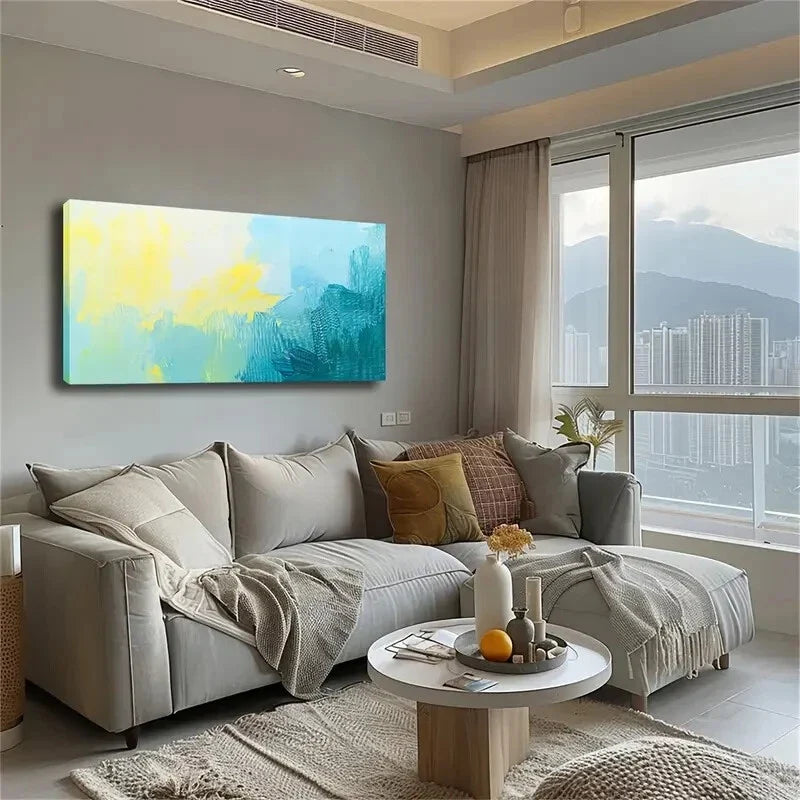 Vibrant Yellow & Blue Abstract Wall Art Canvas Office Home Room Framed 120x60cm