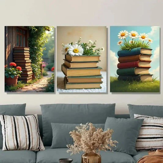 3pcs Charming Garden Path And Books Picture Wall Art Set Canvas Framed 40x60cm - High Quality Print 100% Australian Made Wall Canvas Ready to Hang