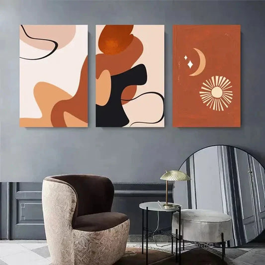 3pcs Modern Organic Shapes with Earth Tones, Sun Metal Print Ready to Hang Art