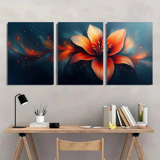 3pcs Vibrant Abstract Lily Orange Red & Blue Metal Print Ready to Hang Art
