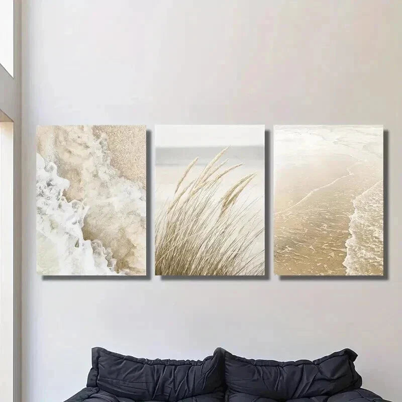 3pcs Seaside Plant Painting Beige Wavy Style Wall Art Set Canvas Framed 40x60cm - High Quality Print 100% Australian Made Wall Canvas Ready to Hang