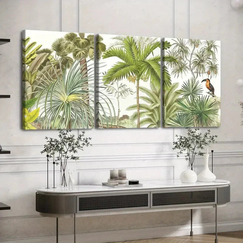 3pcs Vibrant Palm Trees Birds Green Nature White Wall Art Set Canvas Framed 40x60cm - High Quality Print 100% Australian Made Wall Canvas Ready to Hang
