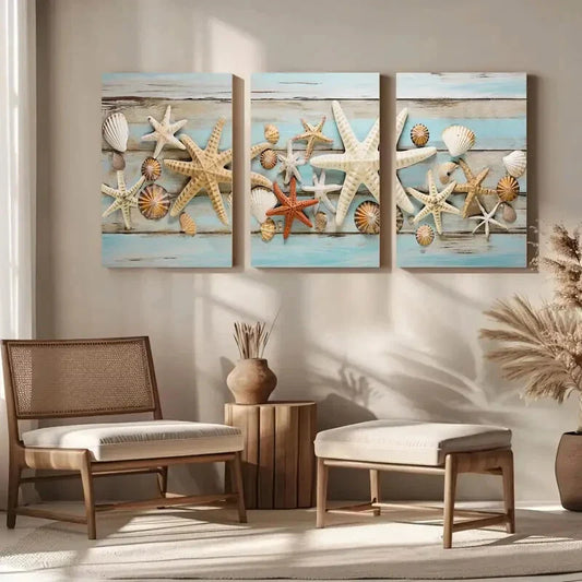 3pcs Starfish and Seashells Beach House Metal Print Ready to Hang Art