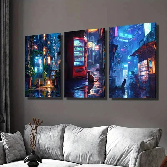 3pcs Cat Sitting Next to a Vending Machine Wall Art Set Canvas Framed 40x60cm - High Quality Print 100% Australian Made Wall Canvas Ready to Hang