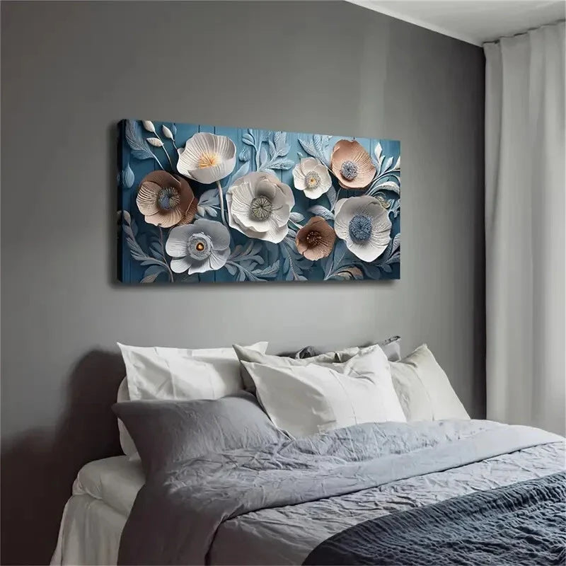 Harmonious Flower Tones In Blue Wall Art Canvas Office Home Room Framed 120x60cm