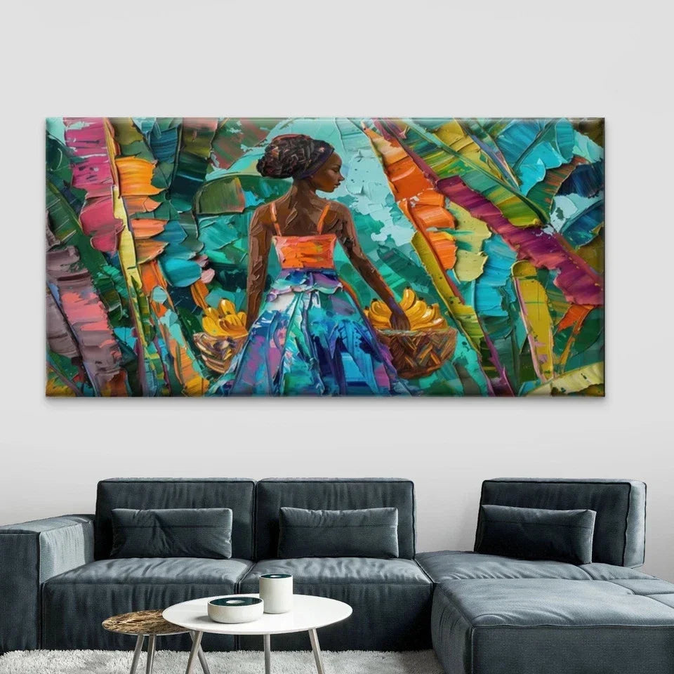 Tropical Woman with Bananas Wall Art Canvas Office Home Room Framed 120x60cm