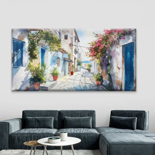 Mediterranean Street Watercolor Wall Art Canvas Office Home Room Framed 80x45cm