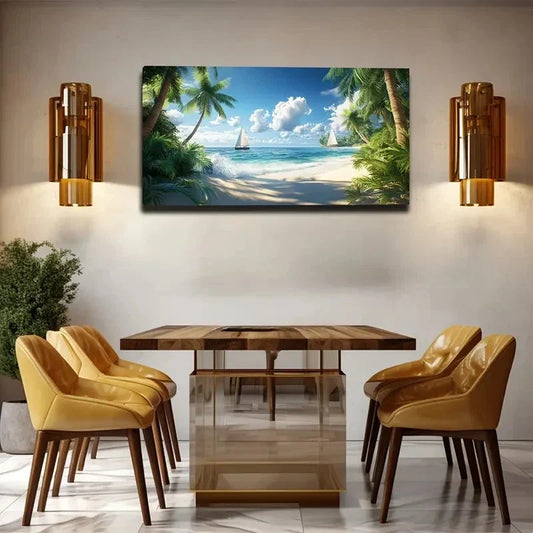 Serene Beach Scene Sailboats Wall Art canvas office home room framed 120x60cm