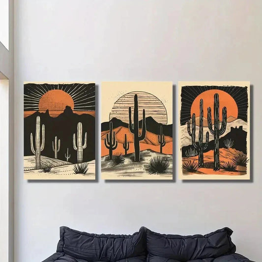 3pcs Classic Modern Style Desert Cactus Sunset Metal Print Ready to Hang Art