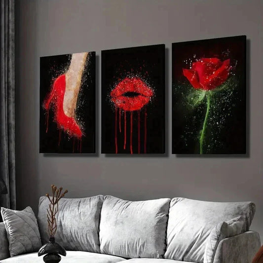 3pcs Abstract Fashion Red Heels Lips Rose Wall Art Set Canvas Framed 40x60cm - High Quality Print 100% Australian Made Wall Canvas Ready to Hang