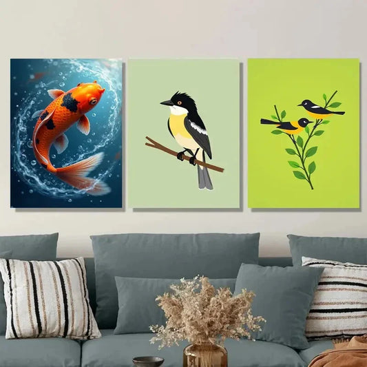 3pcs Colorful Fish and Birds Vibrant Nature Wall Art Set Canvas Framed 40x60cm - High Quality Print 100% Australian Made Wall Canvas Ready to Hang