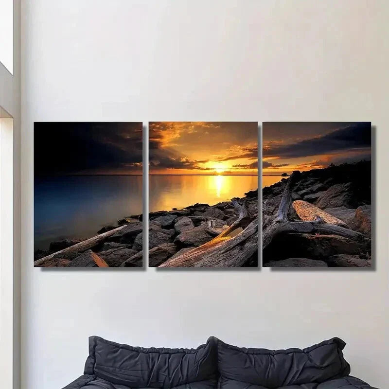 3pcs Sunset Beach Triptych Serene Ocean & Rocky Metal Print Ready to Hang Art