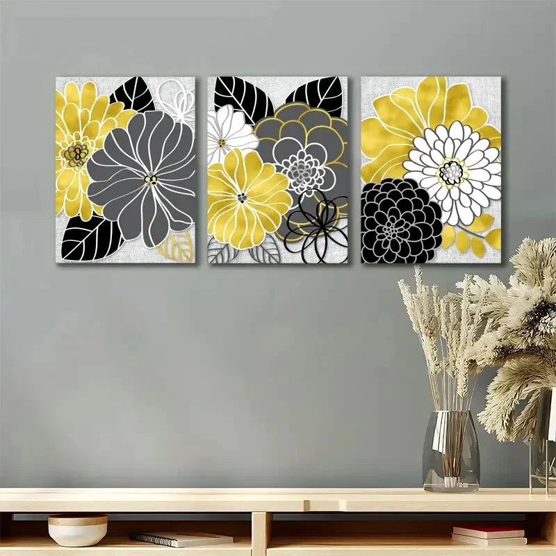 3pcs Black Golden Gray Abstract Floral Metal Print Ready to Hang Art