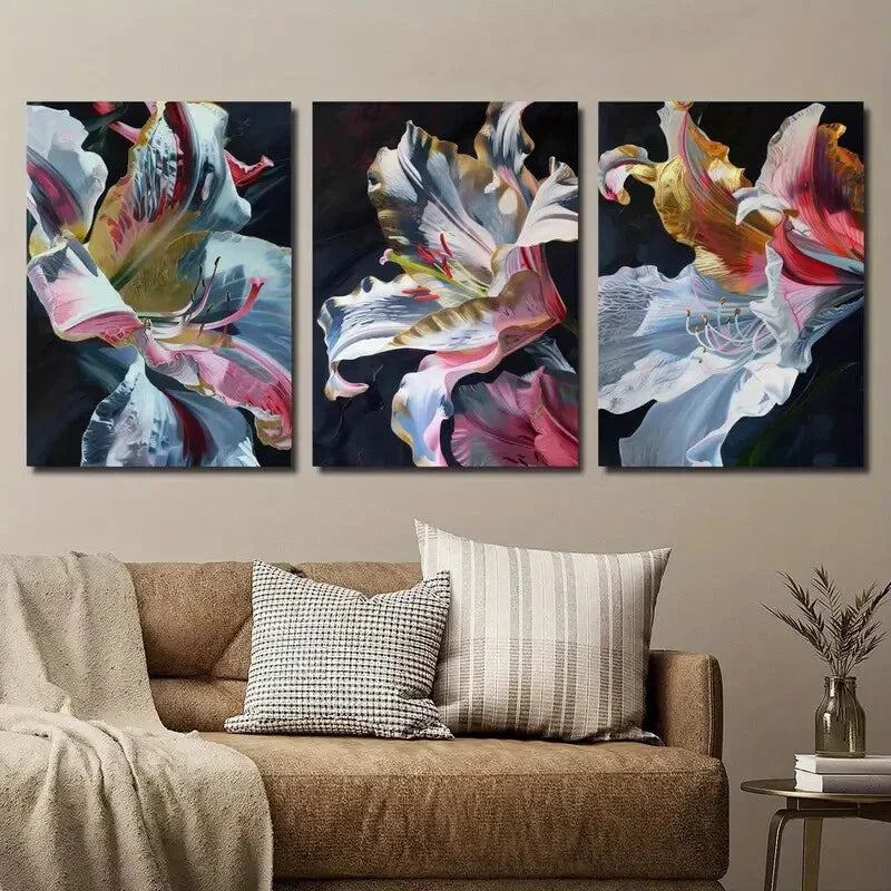 3pcs Golden Pink Lily Flower Petals & Dewdrops Wall Art Set Canvas Framed 40x60cm - High Quality Print 100% Australian Made Wall Canvas Ready to Hang