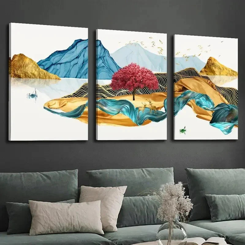 3pcs Abstract Golden new Chinese forest landscape Wall Art Set Canvas Framed 40x60cm - High Quality Print 100% Australian Made Wall Canvas Ready to Hang