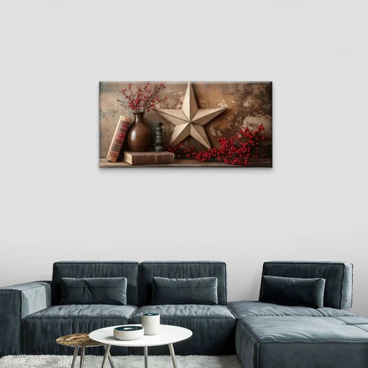 Rustic Star Vase Red Floral Wall Art Canvas Office Home Room Framed 80x45cm