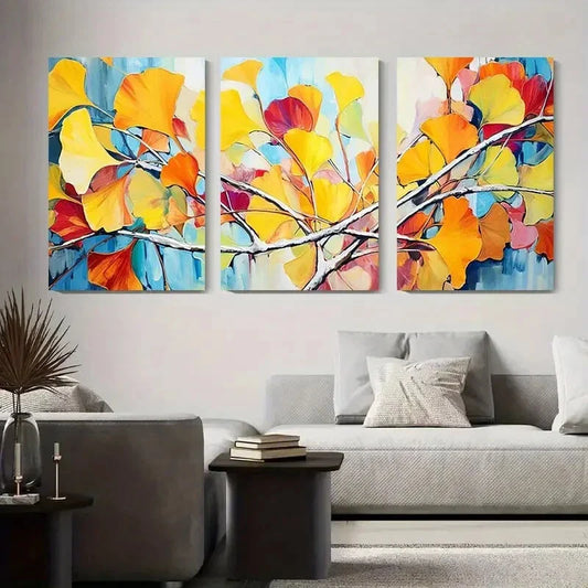 3pcs Vibrant Ginkgo Leaves Abstract Colorful Metal Print Ready to Hang Art
