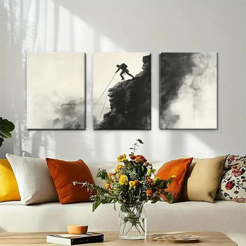 3pcs Monochrome Rock Climber Silhouette Perfect Wall Art Set Canvas Framed 40x60cm - High Quality Print 100% Australian Made Wall Canvas Ready to Hang