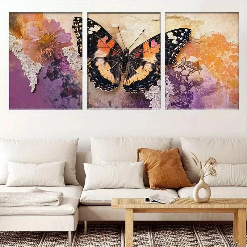 3pcs Rustic Floral Lace Vintage Butterfly  Wall Art Set Canvas Framed 40x60cm - High Quality Print 100% Australian Made Wall Canvas Ready to Hang